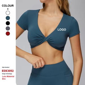 Custom High-Quality Nude Feel Clothing Gathered V-Neck Yoga Short-Sleeves Women'S Gym Running Fitness Tight Sports T-Shirts