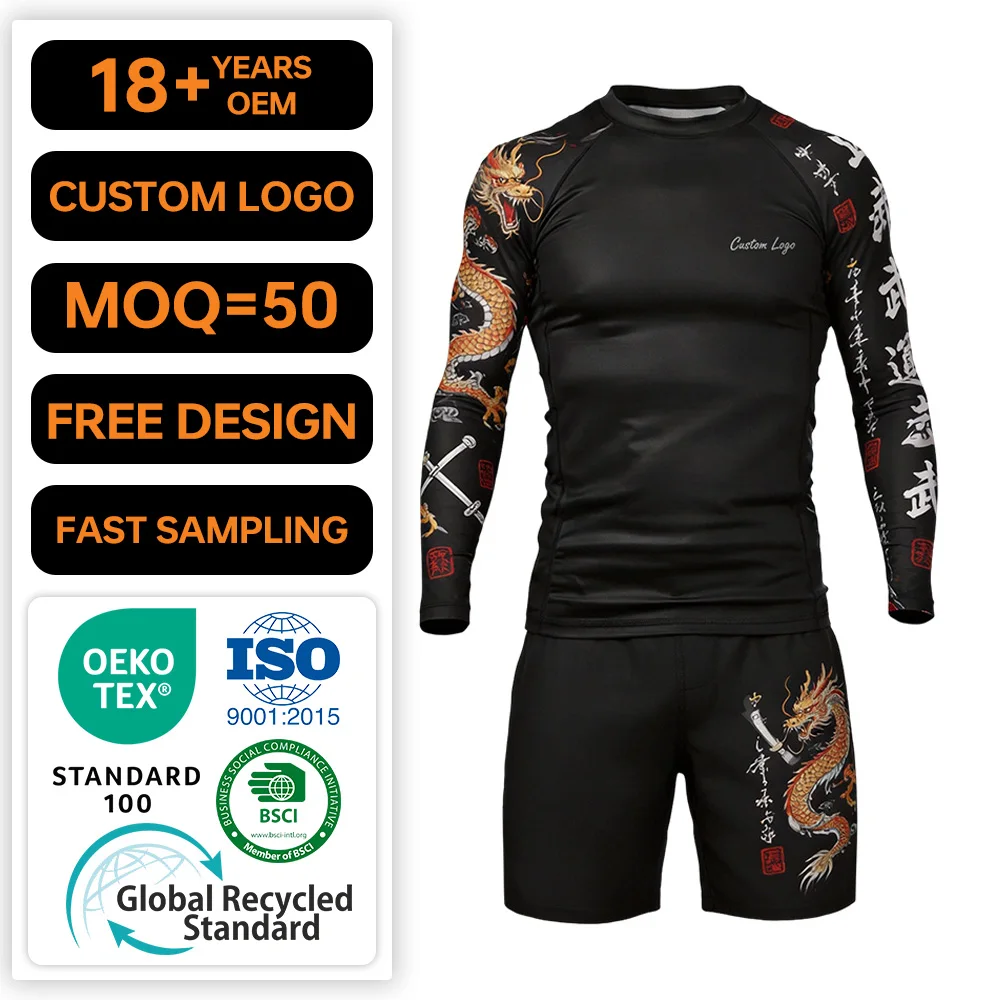 طقم قميص حماية لممارسة فنون القتال المختلطة (MMA) بكمّام طويل للرجال، قميص حماية مخصص يوفر ضغطًا عاليًا لتمارين اللياقة البدنية، وتدريبات الجوجيتسو البرازيلية (BJJ) والجوجيتسو بدون جاكيت (Nogi) للشباب، وملابس تدريب اللياقة البدنية