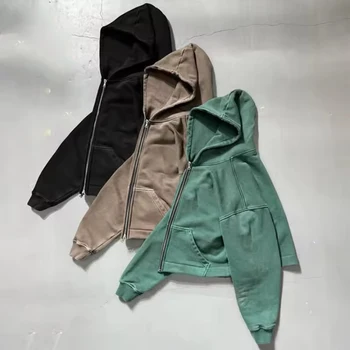 Manufacturer OEM 100% Cotton Zip-up Hoodie Boxy Crop Fit No Strings Blank Vintage Distressing  Hoodie for Men