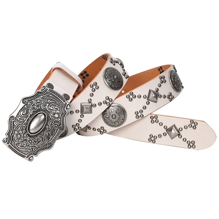H-J34 Punk Rock Round Studded Cowhide Leather Belt