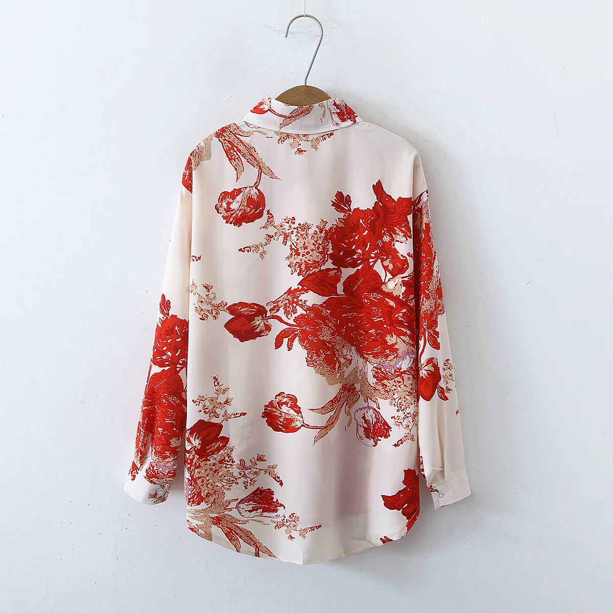 Ladies Tops Korean Retro Simple Tie Dye Printed Long Sleeve Satin Blouse Woman
