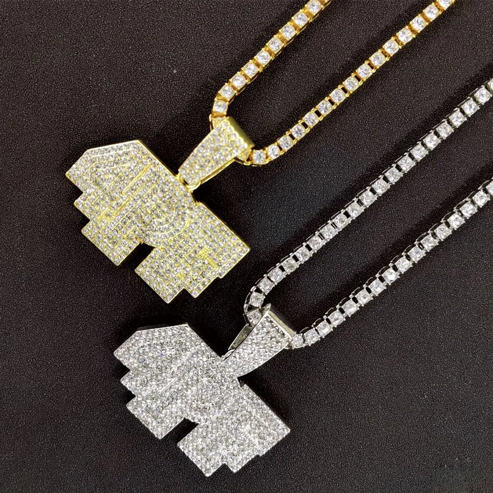 RQ Hot Sell 5mm Tennis Chain Alloy with Bling Rhinestone Hip Hop 4PF Letter Pendant Necklace