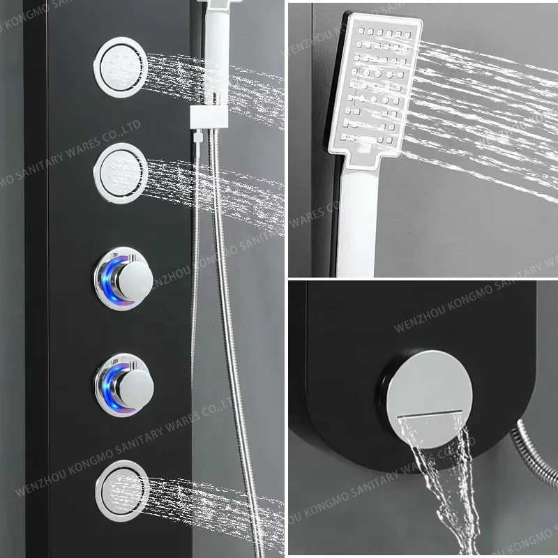 SS304 Stainless Steel Shower Panel Tower Black LED Digital Display Temperature Purite Body Massage Shower Stand Wall Conduit