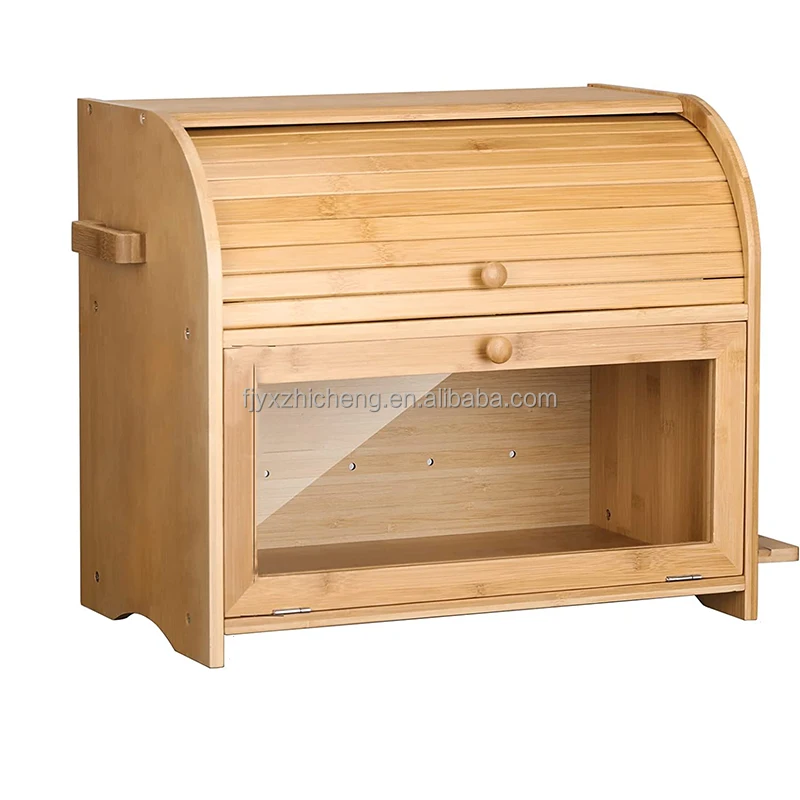 product wholesale two layer large capacity bamboo storage bin bread box with knife holder and cutting board for kitchen counter-6