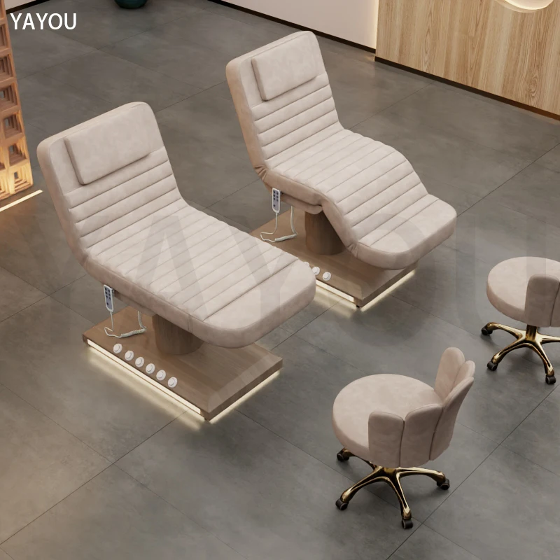 Wood Grain Foot Control LED Base 3 Motor Massage Beauty Bed Without Armrest Hair Washing Facial Bed CE for Medical Spa