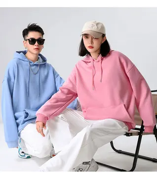 Autumn and Winter 100% Cotton Velvet Pullover Sweatshirt for Men and Women Thickened Loose Solid Color Hooded Sweatshirt
