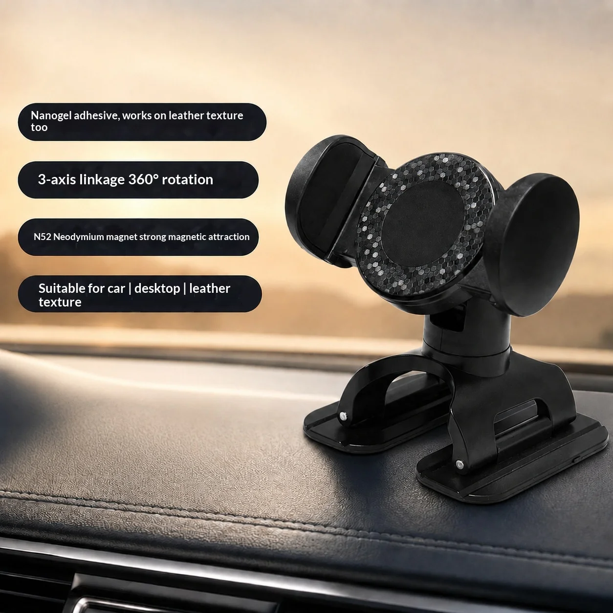 Strong Adhesive Dashboard Phone Mount N52 Magnet Car Console Mount Leather Plastic Surfaces Reusable Heat-Resistant 360 Rotation