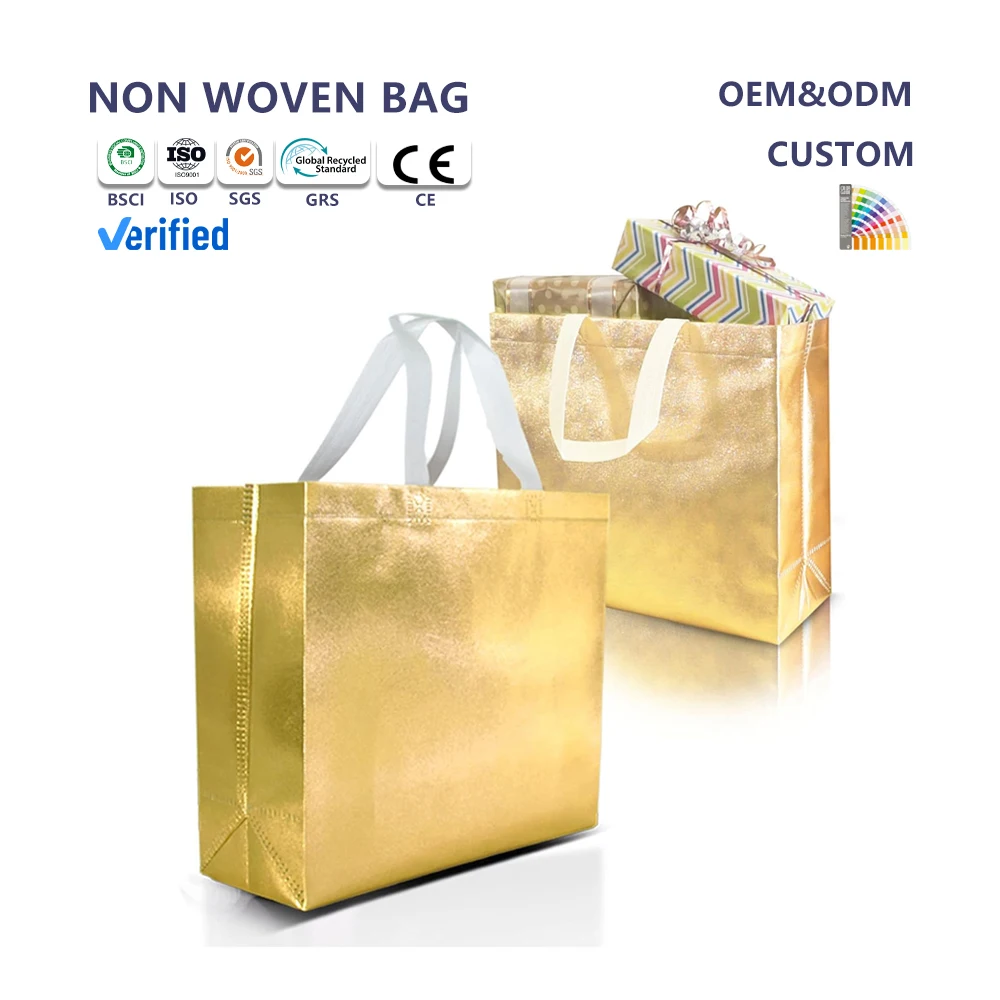 Reusable Sewing Gold Silver Non Woven Fabric Tote Carrier Shopping Reflective Pp Non Woven Fabric Packaging Bag