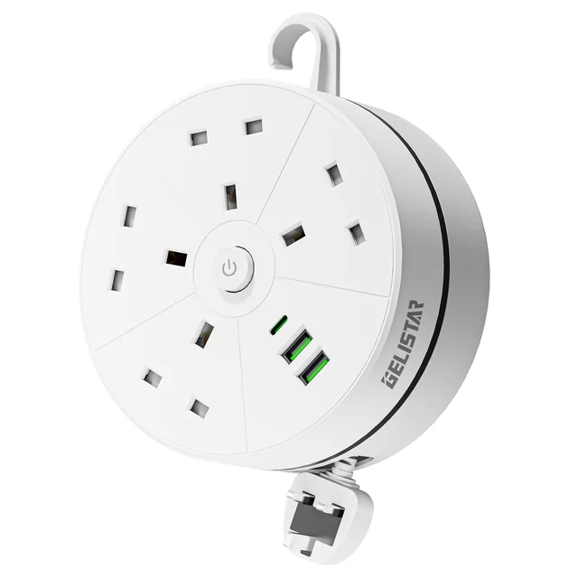 Hot Sale Universal Retractable Power Strip Round Design 4 Outlets With 2USB 1 TYPE C Switch Cable Reel Power Strip Socket