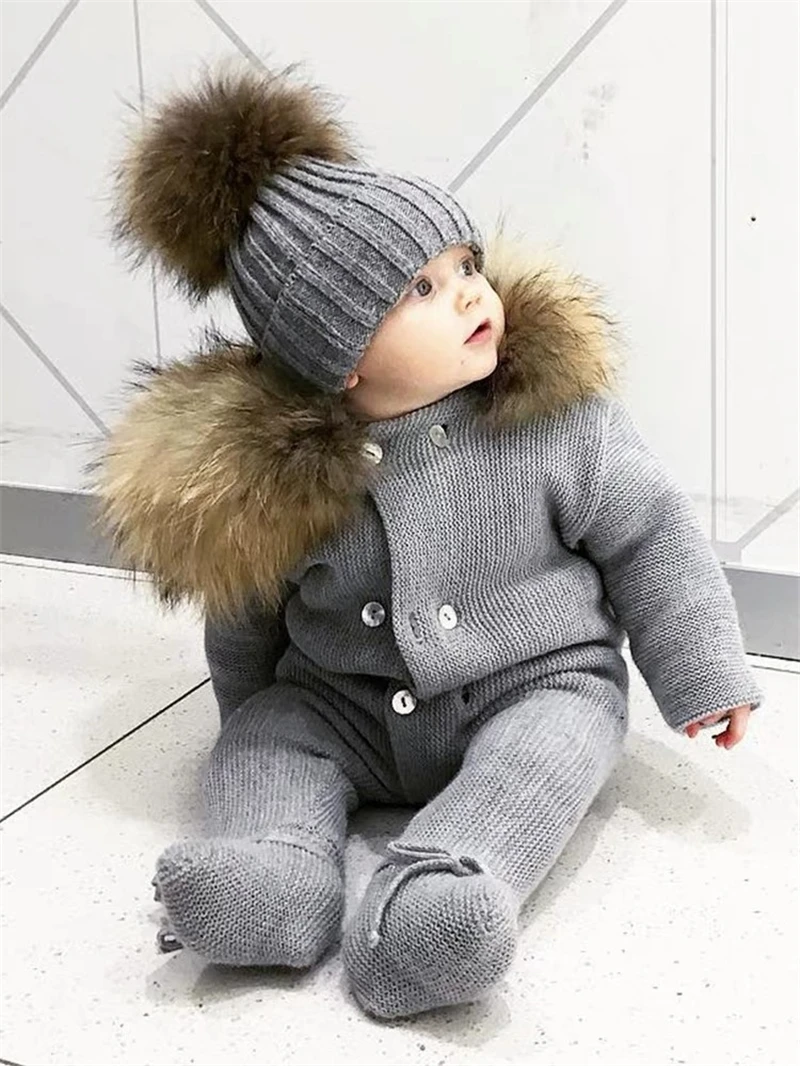 Winter Clothing Plain Big Real Raccoon Fur Collar Kids Romper Custom Warm  Hooded Knitted Baby Romper Wholesale Baby Clothes