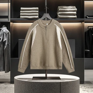 Autumn Winter Half Zipper Mid-Neck Sweater Jacket Men Women Contrast Color Stitching Loose Fit Knitted Mesh Texture Solid