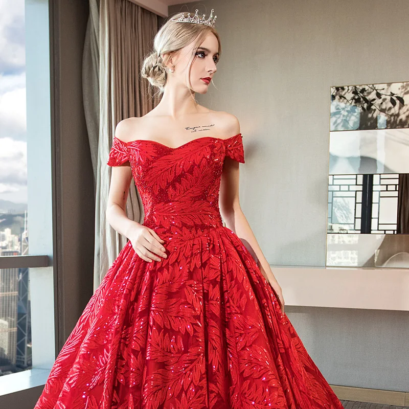 fitted lace wedding dress Sparkly Red Floral Ball Gown Wedding Dresses Off the Shoulder 231052 –  Viniodress
