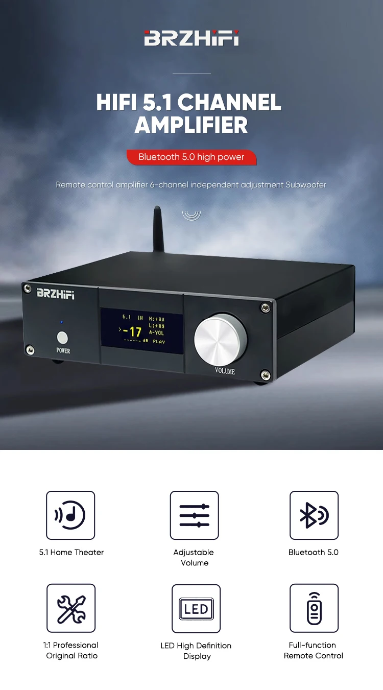 BRZHIFI 5.1 Channel BT RC Remote Control Aluminum Subwoofer Home Hifi Digital Amplifier details