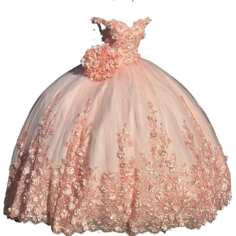 Charming Ball Gown Pink Quinceanera Dresses Lace Applique Beading Sweet ...