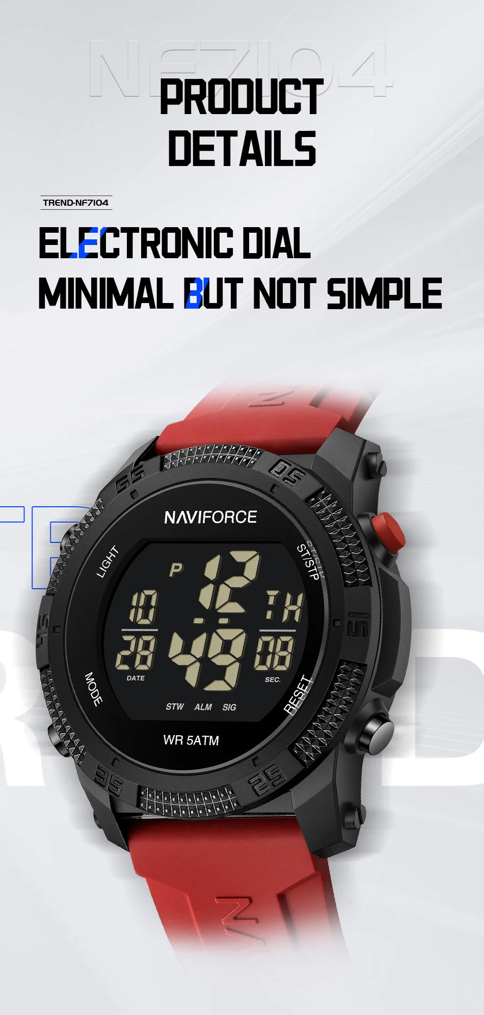 Original NAVIFORCE 7104 Digital Watch Men Sport Chronograph Wristwatch Date Stopwatch Waterproof  Male Electronic Clock
