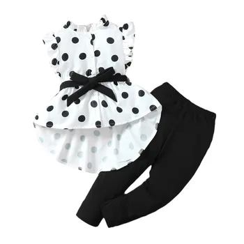 2024 Summer Casual Sleeveless Girls Clothing Sets best-selling polka dot love bow Ruffle Sleeves shirt and tight pants set