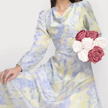 Women's Floral Print Long Sleeve V-Neck A-Line Dress with Zipper Elegant Dresses for Women