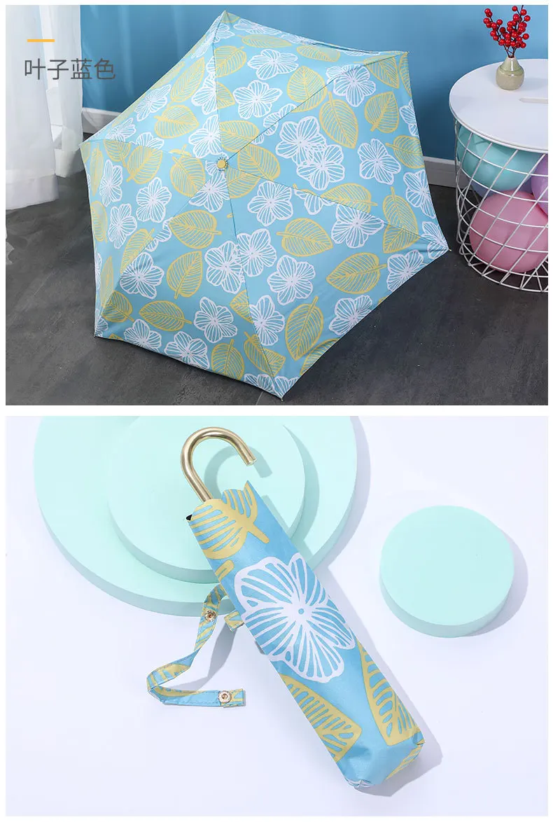 Printing 6k Three Folding Pocket Rain Ladies Sun Umbrellas Semi-Automatic J Shape Handle Umbrella