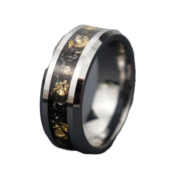 Poya 8mm Beveled Meteorite Sand Stone Gold Leaf Inlay Tungsten Rings For Men