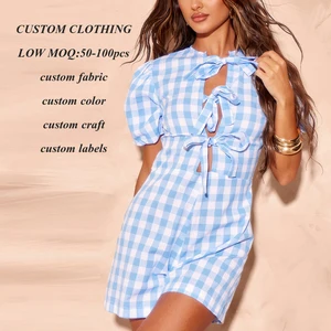Clothing Factory Oem Custom Sexy Tie Front One Piece Jumpsuits Short Sleeve Women Plaid Rompers Shorts Jumpsuits