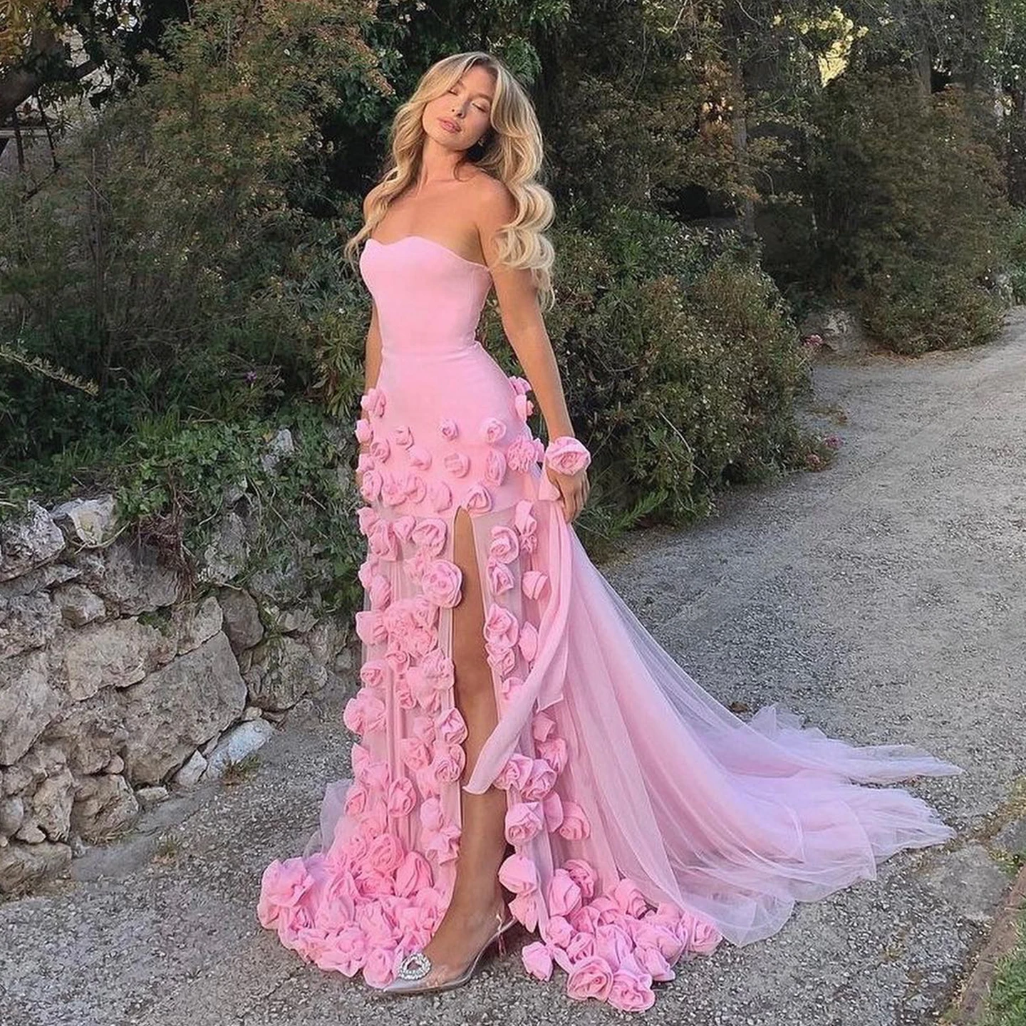 Chic Baby Pink 3D Flowers Mermaid Evening Dress 2024