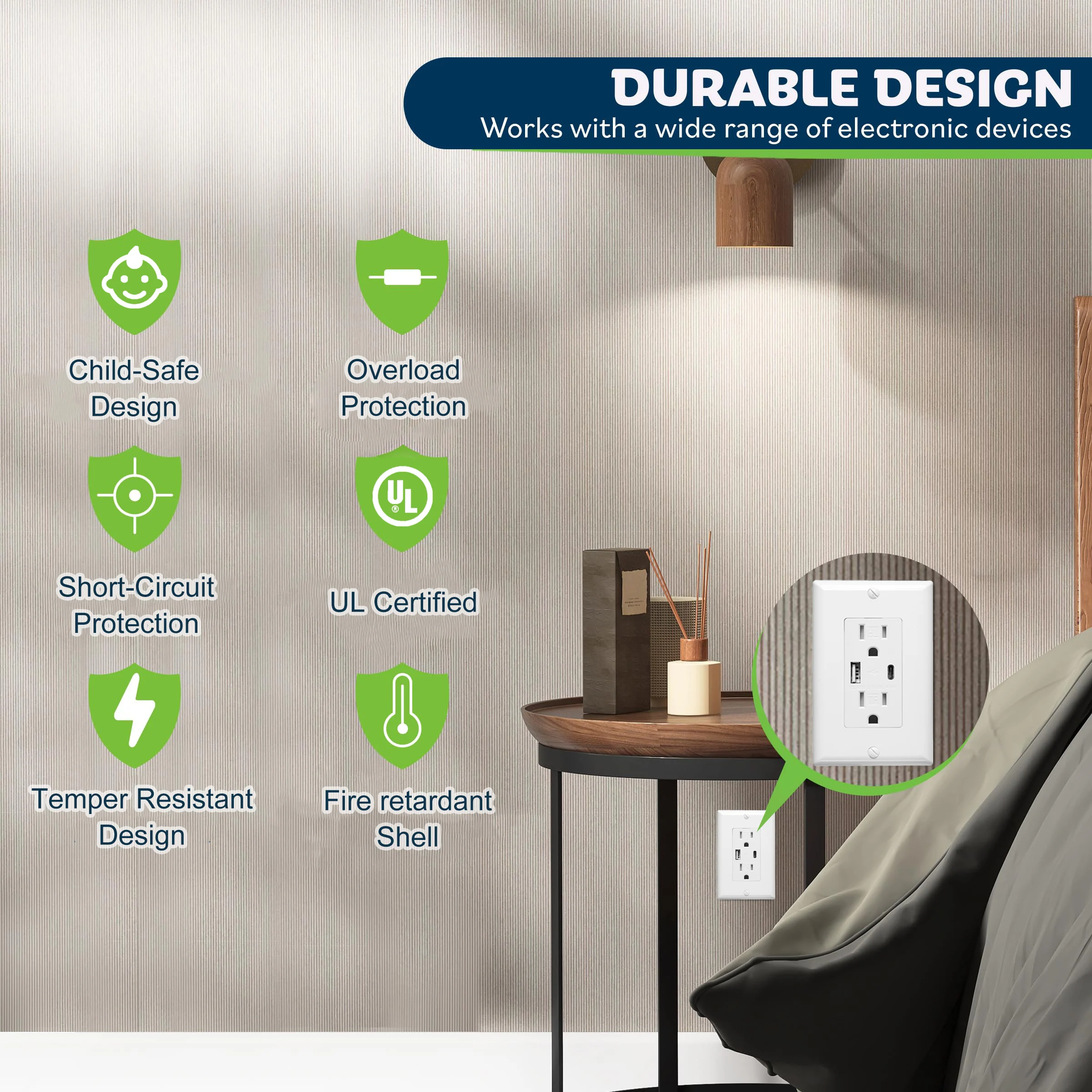 BAREP UL Listed 15A GFCI Outlet with Dual USB a & C Ports, Tamper-Resistant Self-Test GFI Wall Socket, Toma De Corriente
