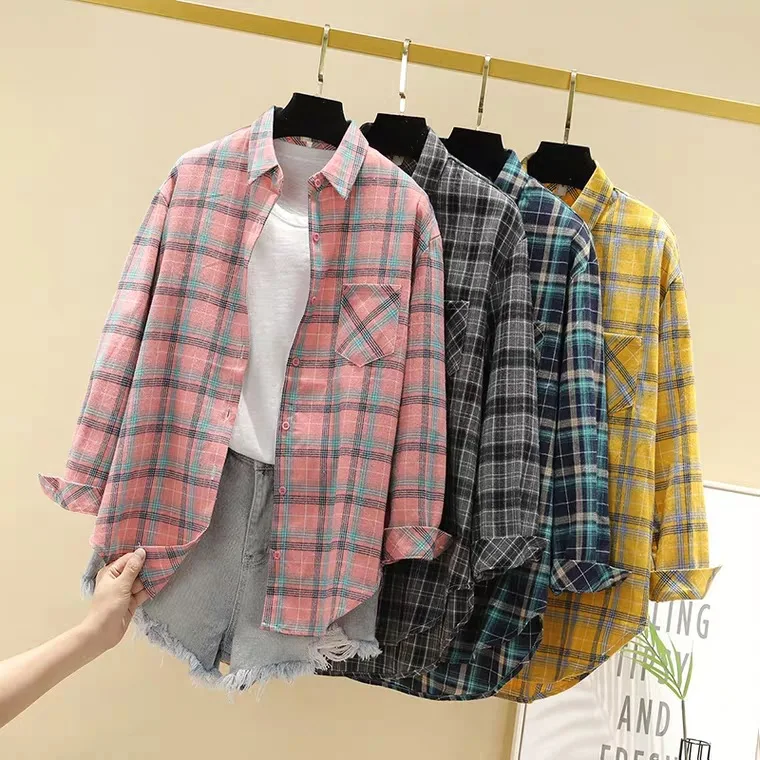 2021 New Korean Style Plaid Shirt Women 