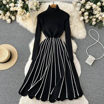 Women's Autumn and Winter Slim Fit Stripe Pleated Knitted Dress High Collar Thickened Sweater Skirt Digital Printing Size XL