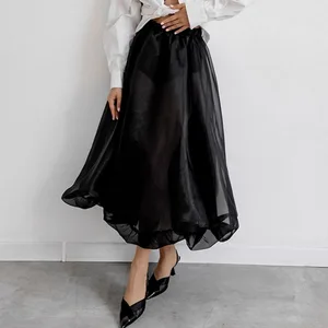 2025 Spring Summer Sheer Perspective Black Midi Skirt Women Grenadine Ball Gown Skirts High Elastic Waist White Long Skirt