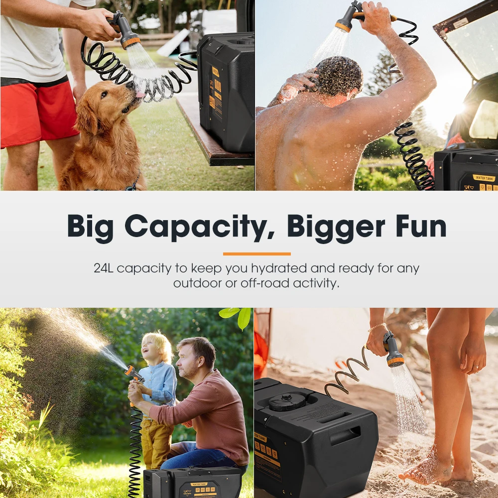 SAN HIMA Quick Charge Pressurized Portable Water Tank 24L Battery Powered Outdoor Shower Kit for Camping Hiking 4X4 Offroad