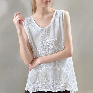 2026 Summer New Popular Women's Casual Sleeveless Cotton Tank Tops Loose Round Neck Lace Eco-Friendly Solid