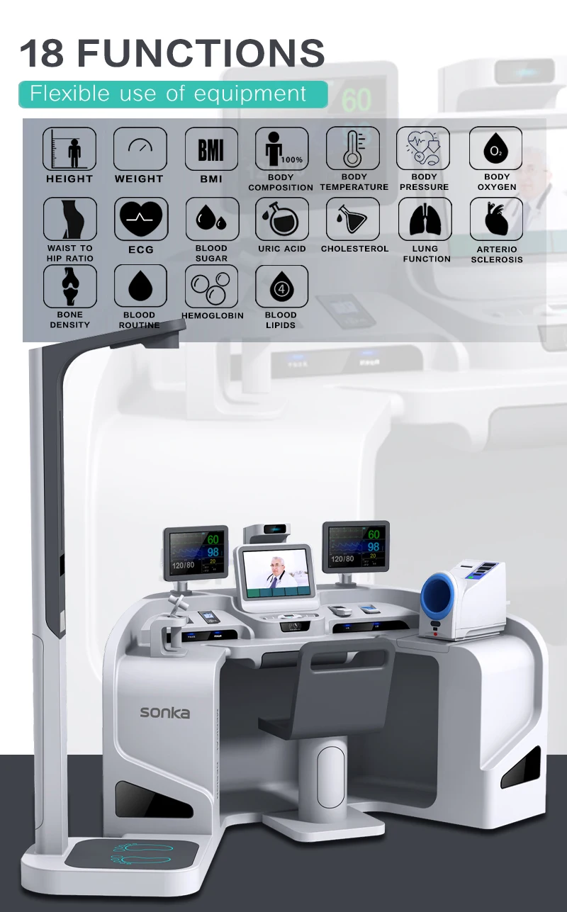 Sonka multi functions all in one telemedicine kiosk for hospital healthcare center height weight scale ecg machine telehealth supplier