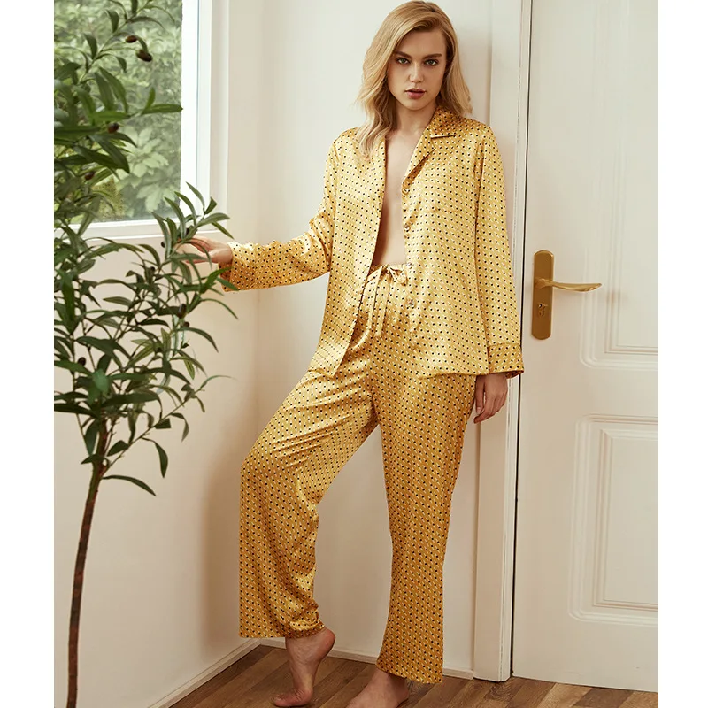 2021 Yaoting Custom Polk Dot Printed Women Pajama Long Sleeve Satin Silk Pajamas