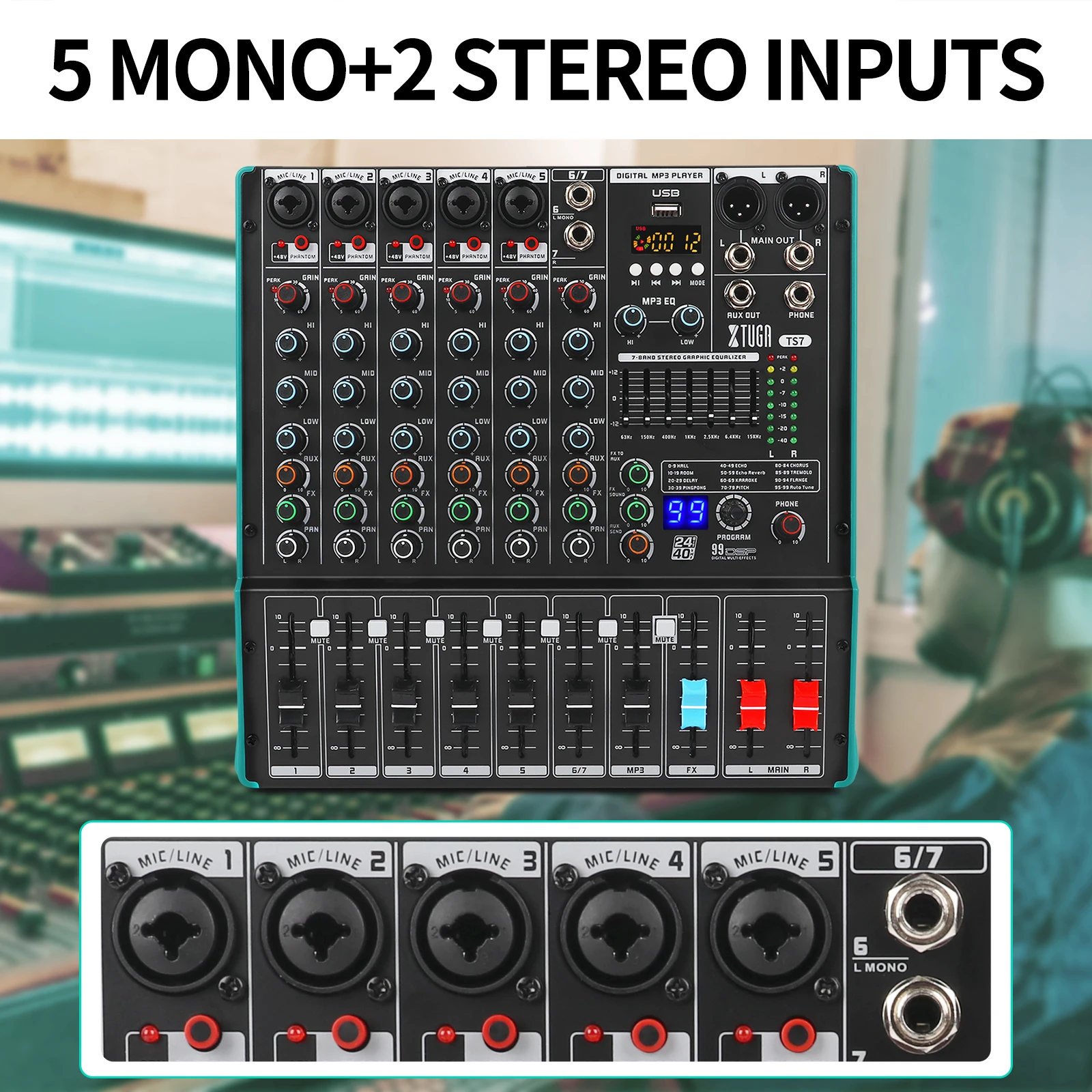 Xtuga TS7 Sound Mixing Console - 7 Channels for DJ Control