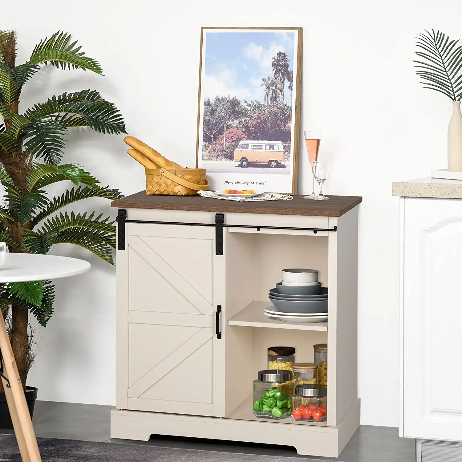 Farmhouse Coffee Bar Cabinet - Sliding Barn Door Kitchen Sideboard ...