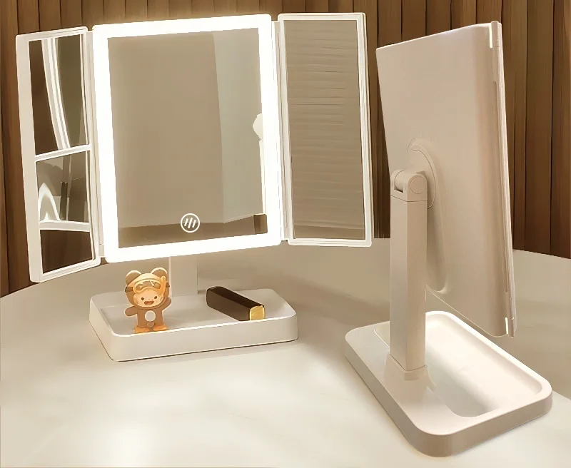 Hopfällbar sminkspegel LED-ljus 3-tonsljus sminkspegel 2X/3X förstoringsglas 360 graders justerbar uppladdningsbar