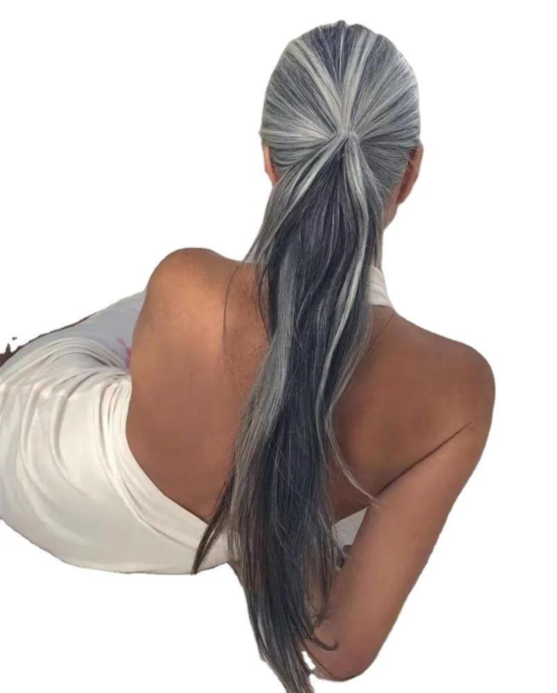 Custom Two Tone Mixed Natural Highlights Silky Straight Silver Grey Real  Hair Pony Tail Hairpiece Brazilian Hair Extension Gray - Buy Gray Hair  Ponytail,Silver Grey Extension,Silver Grey Kinky Curly Product on  