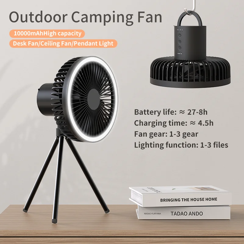 OEM Outdoor Camping Ceiling Fan with LED Light USB 10000mAh Large Battery Foldable Fan Portable Rechargeable Fan