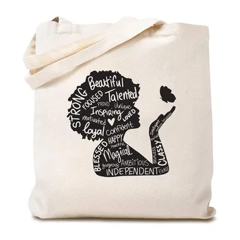 Cotton Canvas Tote Bag History Reusable Shopping Shoulder Bag Wholesale Graphic Afro Lady for Women Funny Afro Black 1pc/opp Bag