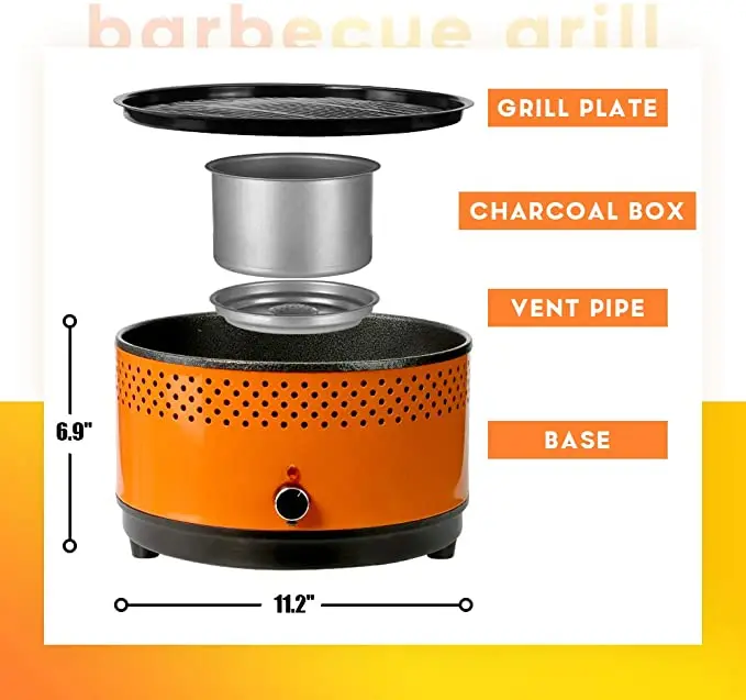 Portable Charcoal BBQ Grill Hibachi Grill Korean BBQ Grill Small&Mini Grill Suitable for Camping Indoor Outdoor Tabletop Picnic ，Orange 