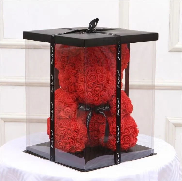 Transparent clear Plastic Cake Box with Ribbon and Print Flower Round Gift Box White Black Blue pink Gold Silver