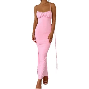 High Quality Pink Clothing Shirred Backless Bodycon Women Casual Evening Long Dresses