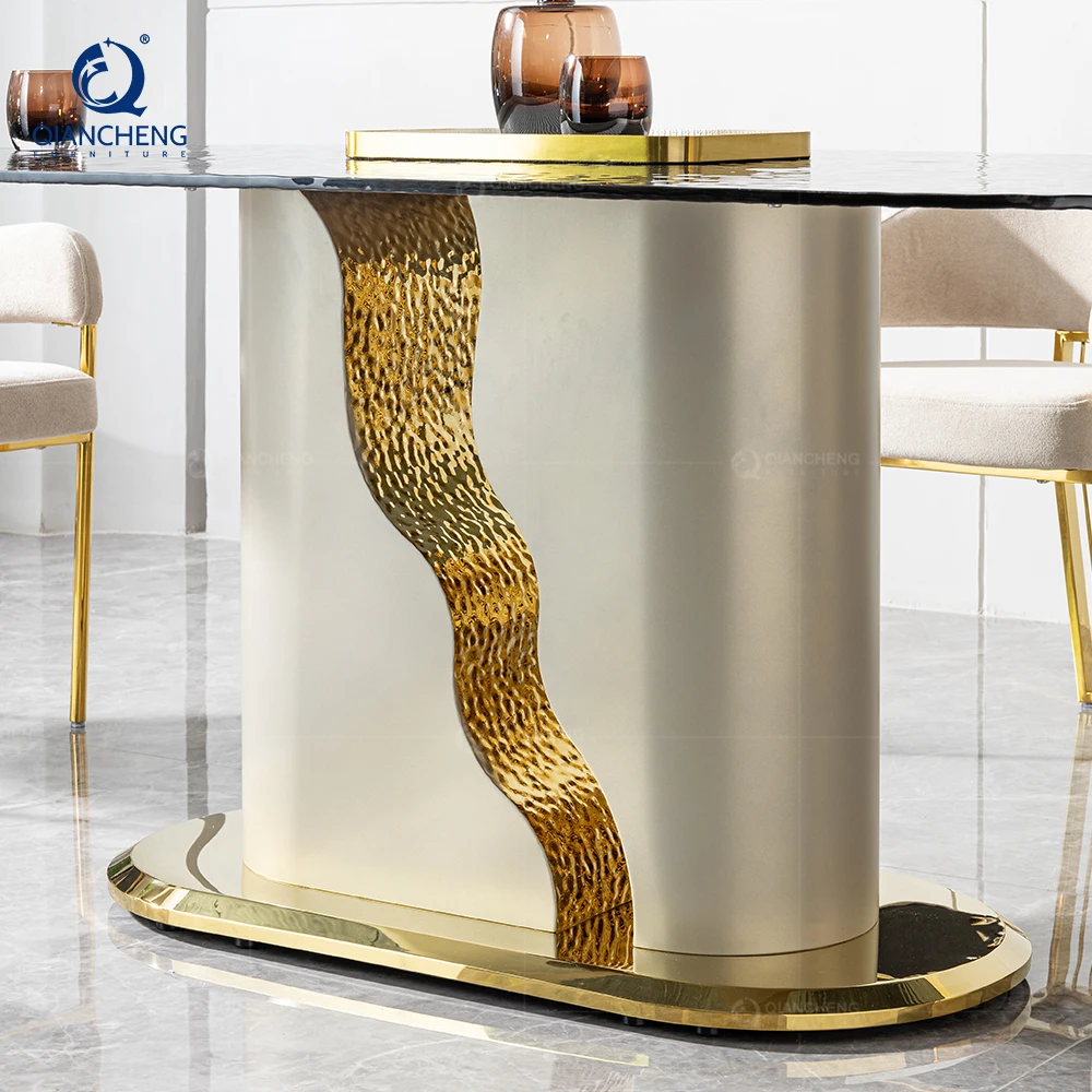 Modern Style Elegant Dining Table for Luxury Villa Furniture Complete Design Wave Stainless Steel Base Large Size Oil Dining Set