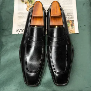 High Quality Men's Business Casual Penny Loafers Handmade Cowhide Square-Toe Leather Slip-On Shoes Breathable for Autumn