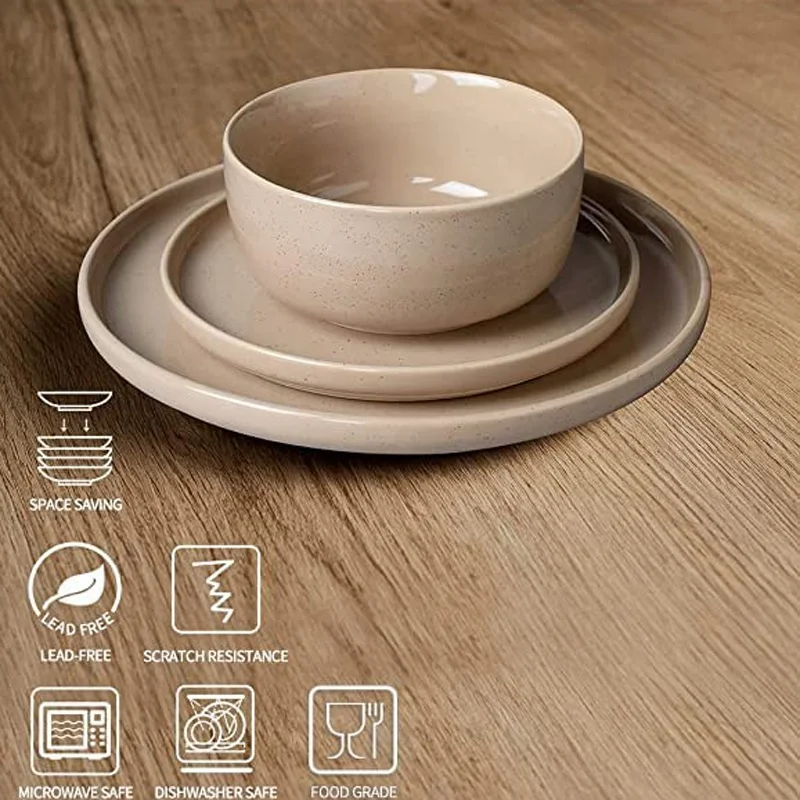 Ceramic Dinner Set Multicolor Glazed Plates Sets Dinnerware with Speckled Dots Brown Rim