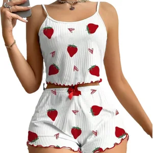 Hot Summer Sale Women's Sexy White Knitted Pyjamas Set Heart Print Cami & Shorts Ladies' Night Suit 2pcs