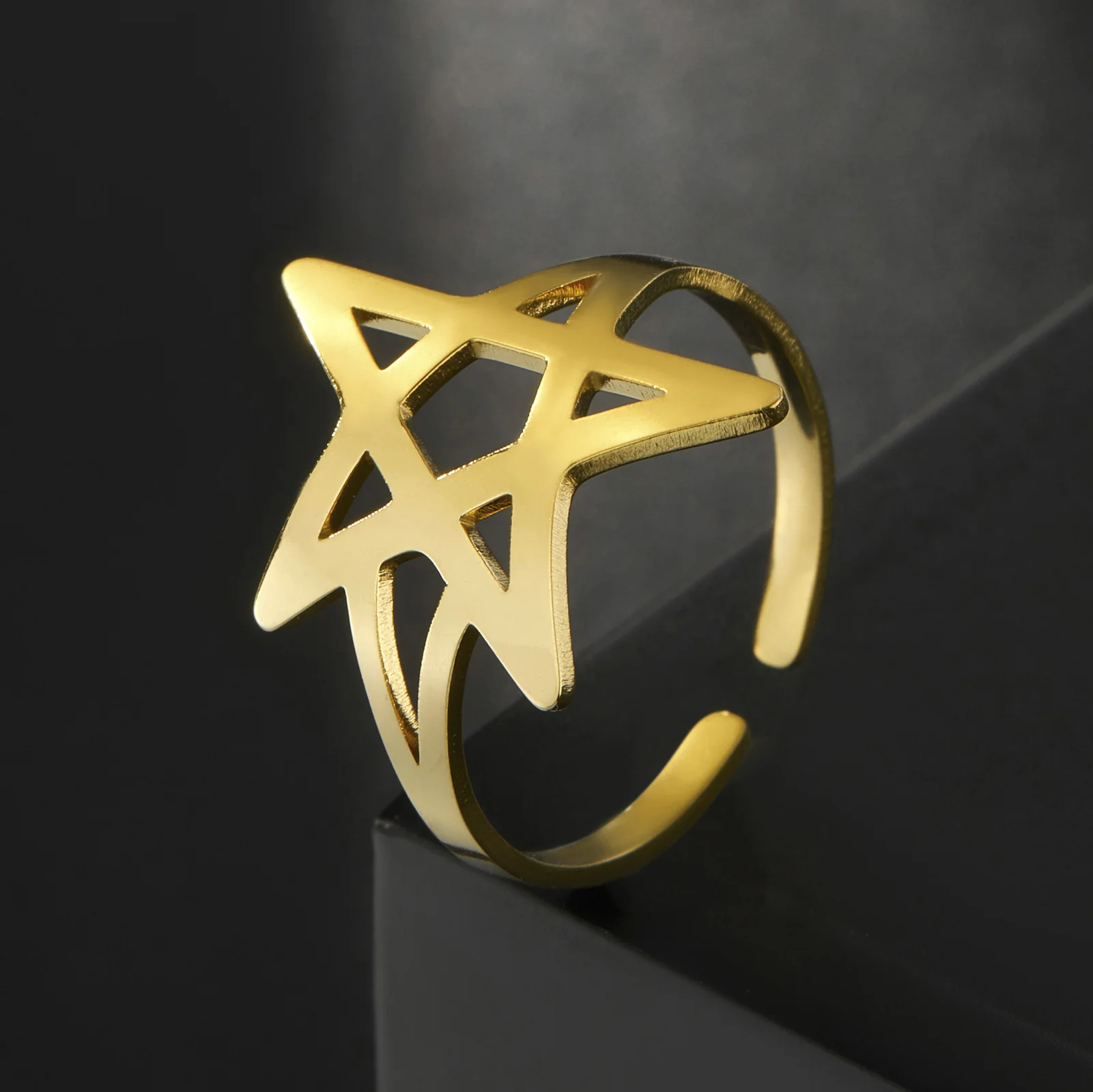 Retro Pentagram Star Rings for Women Men Stainless Steel Open Ring Hip Retro Pentagram Star Rings for Women Men Stainless Steel Open Ring Hip