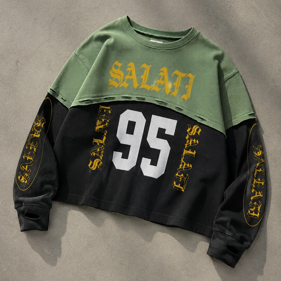 Manufacturer Custom O Neck Distressed Acid Wash Waffle Digital Print Thermal T Shirt Patchwork Long Sleeve T-shirt gallery 2