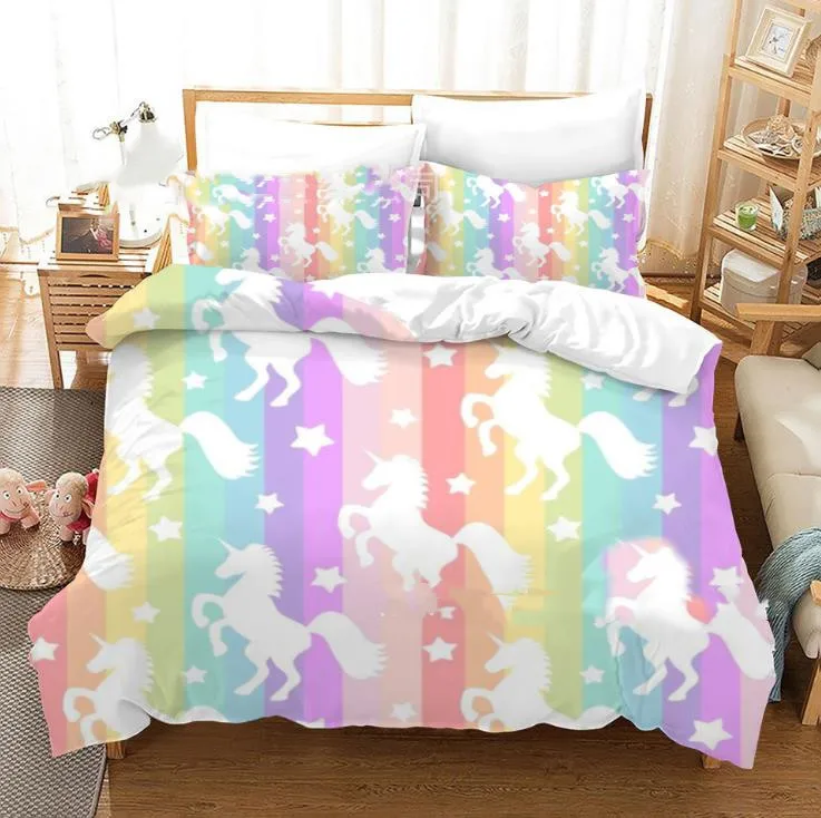Twin alibalala 3D Digital Printing Bedding Set Unicorn Monocerus Rainbow Color Home Textiles Bedclothes Duvet Cover Sets Bedlinen 100% Microfiber 