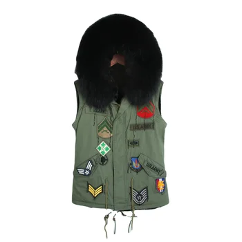 Women Badge Army Green Short Vest Rose Red And Black Color Faux Fur Lined Waistcoat With Real Fur Collar
